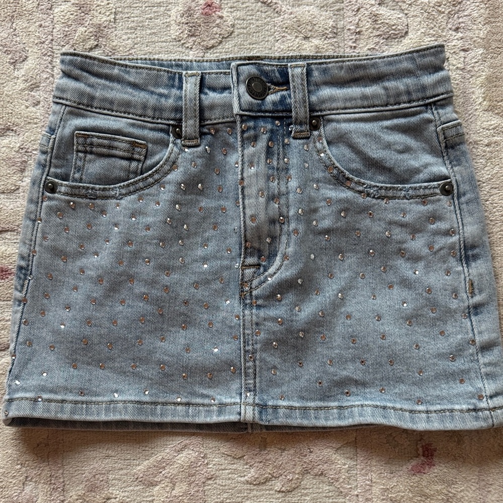 Light Blue Denim Mini Skirt with Rhinestone Details